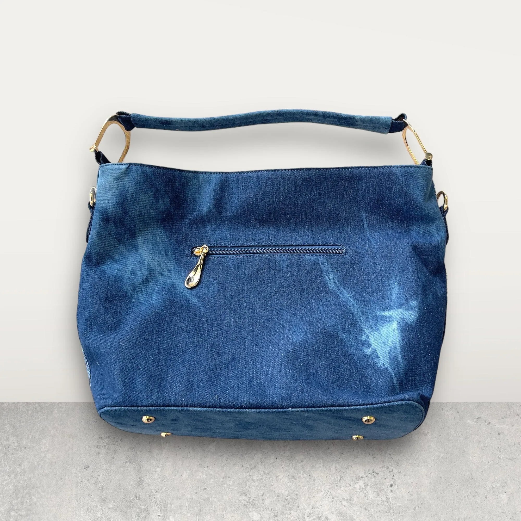 PATCHWORK CRYSTAL EMBELLISHED DENIM HANDBAG