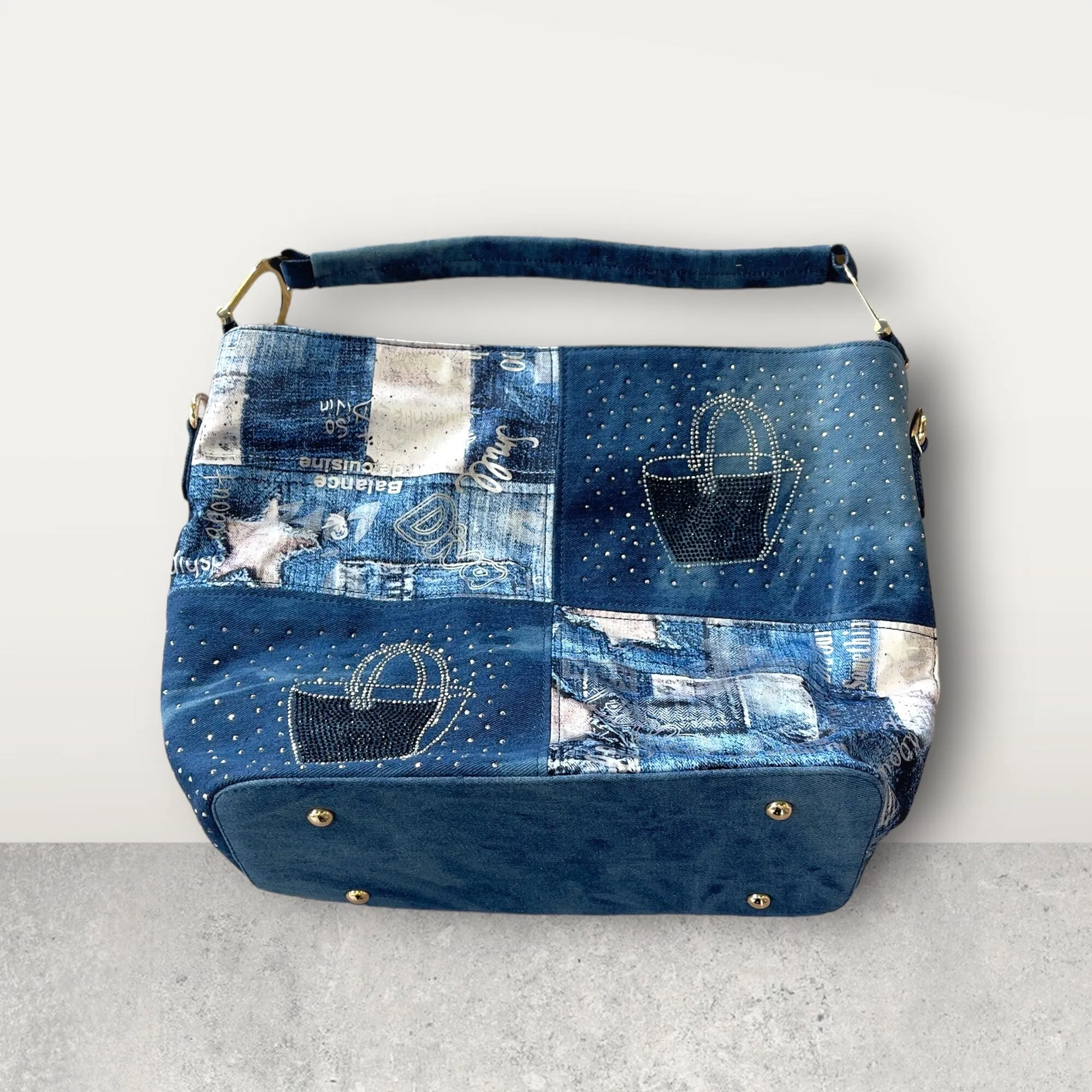 PATCHWORK CRYSTAL EMBELLISHED DENIM HANDBAG