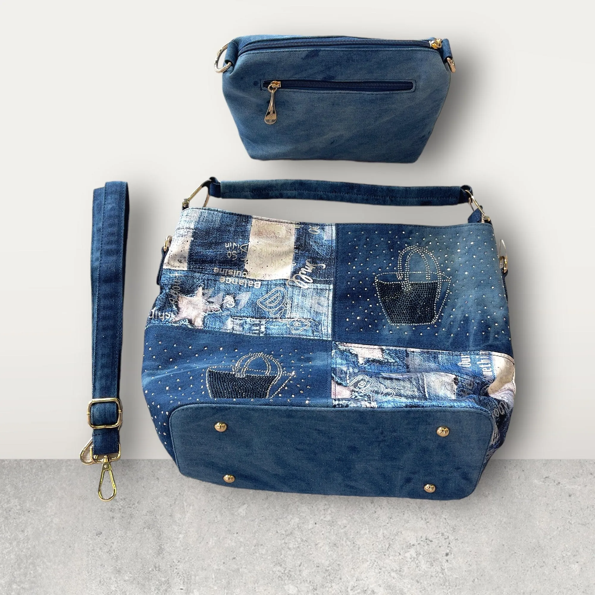 PATCHWORK CRYSTAL EMBELLISHED DENIM HANDBAG
