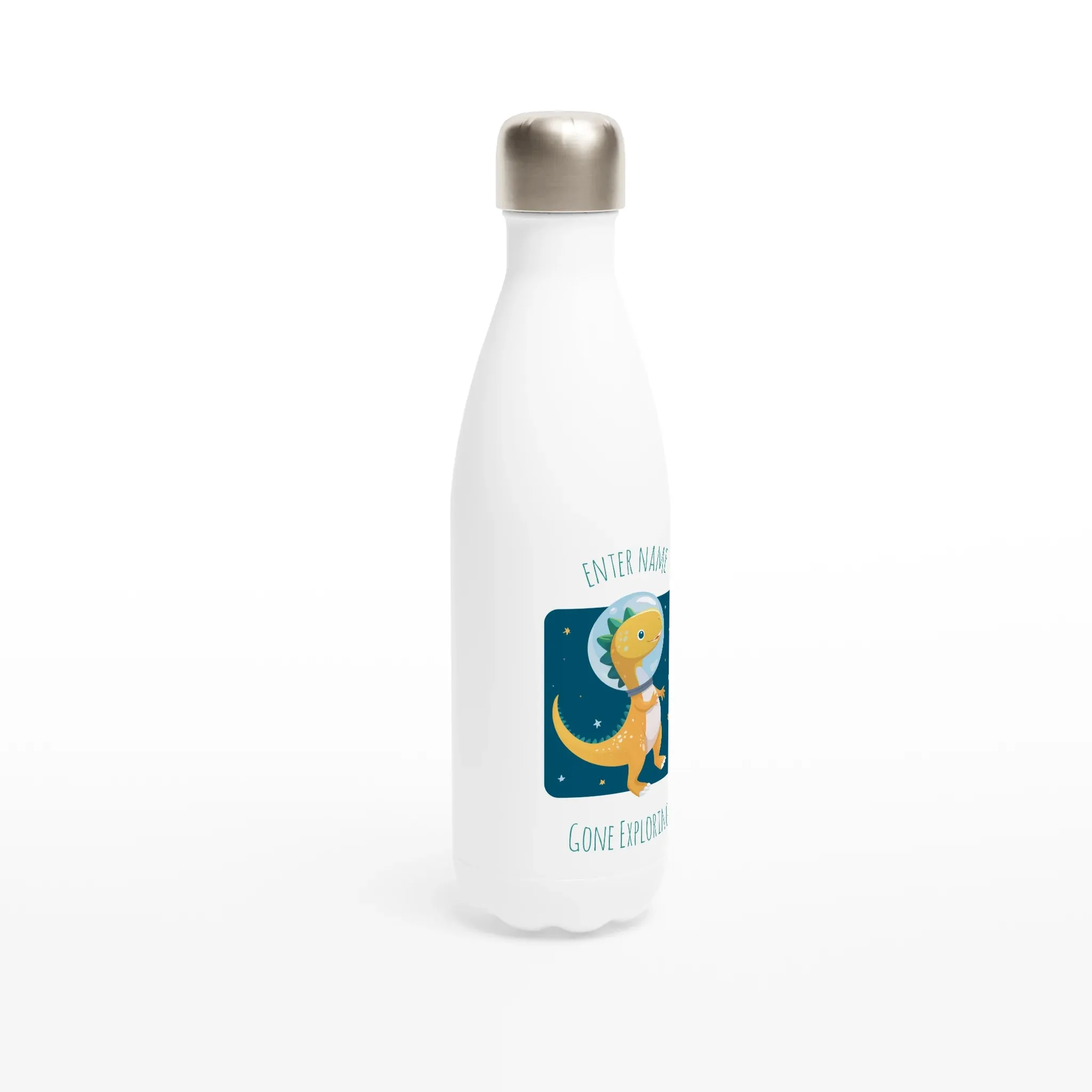 Personalisable White 17oz Stainless Steel Water Bottle - Cute Spacewalk Dinosaur