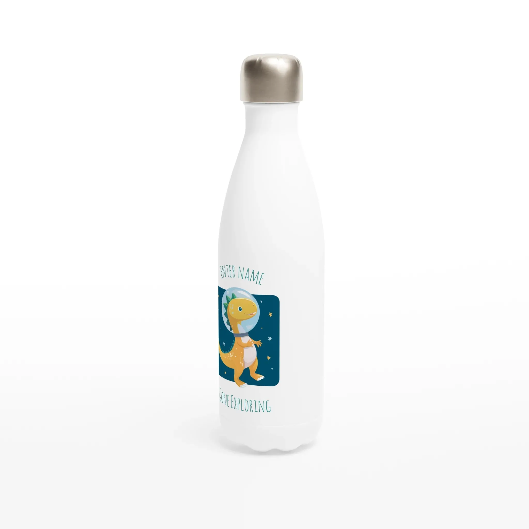 Personalisable White 17oz Stainless Steel Water Bottle - Cute Spacewalk Dinosaur