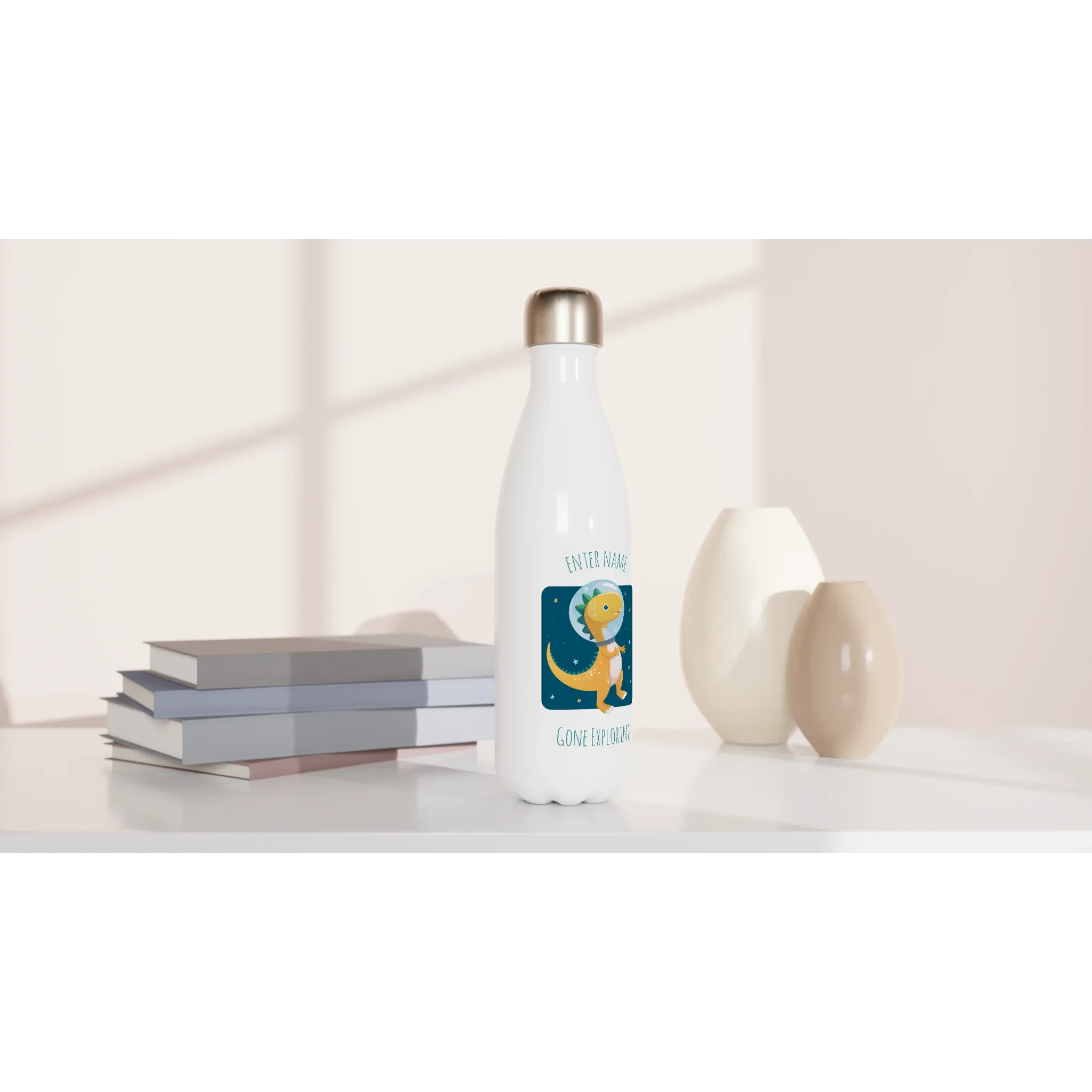 Personalisable White 17oz Stainless Steel Water Bottle - Cute Spacewalk Dinosaur