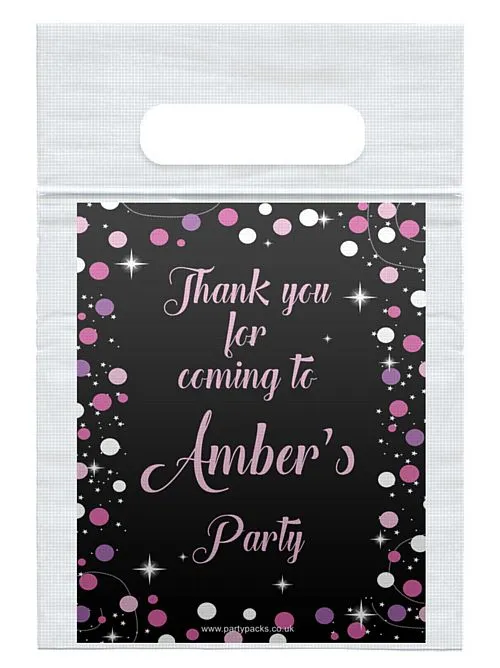 Personalised Birthday Sparkle Pink Card Insert With Sealed Party Bag- Pack of 8