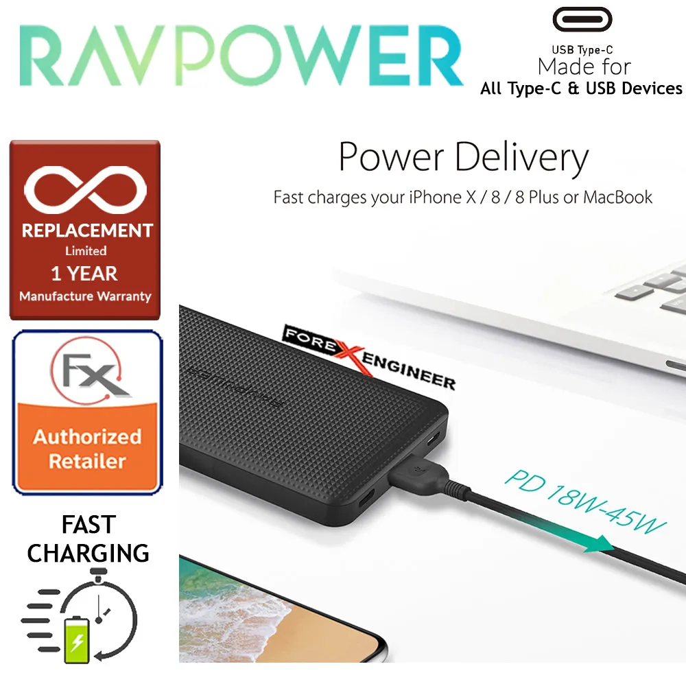 RavPower RP-PB095 20100mAh PD 45W   QC3.0 - Slim Power Bank - Black