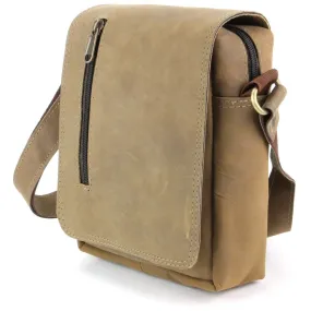Real Leather Shoulder Bag with Front Zip - Brown