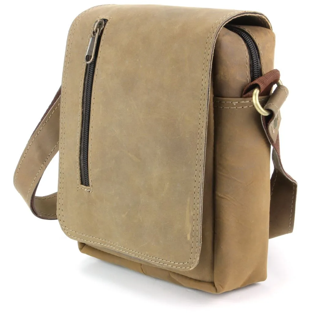 Real Leather Shoulder Bag with Front Zip - Brown