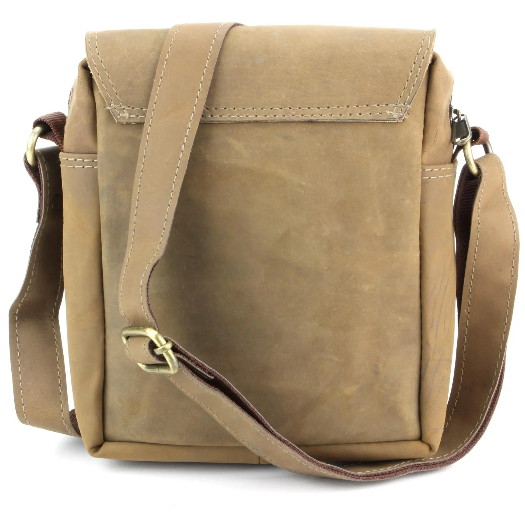 Real Leather Shoulder Bag with Front Zip - Brown
