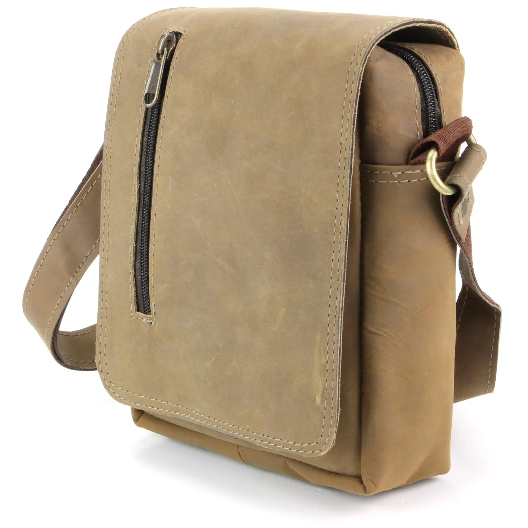 Real Leather Shoulder Bag with Front Zip - Brown