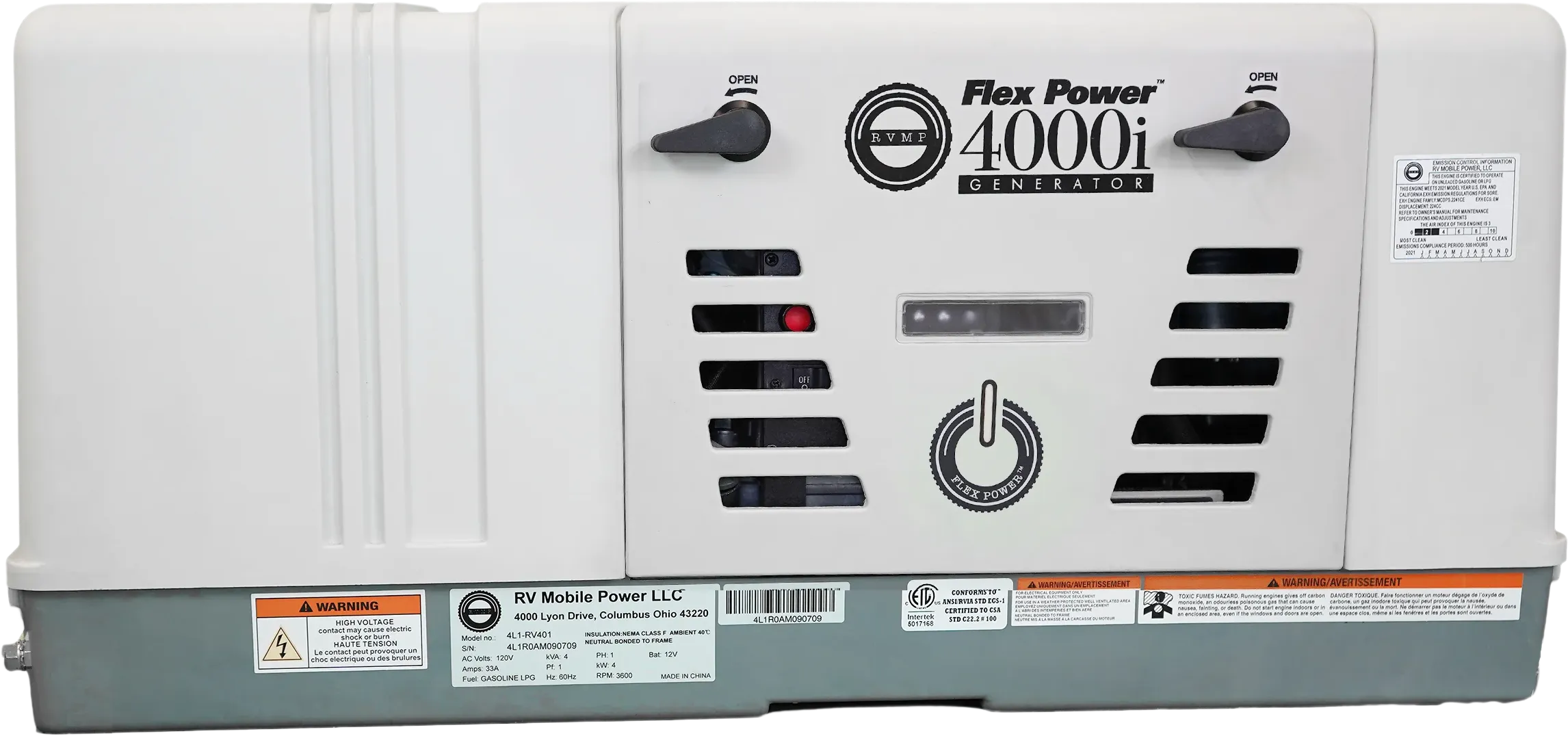 RVMP Flex Power 4000i Dual Fuel Mobile Generator 4.0kW Single Phase 120V 224cc OHV Air Cooled Gas or Propane New