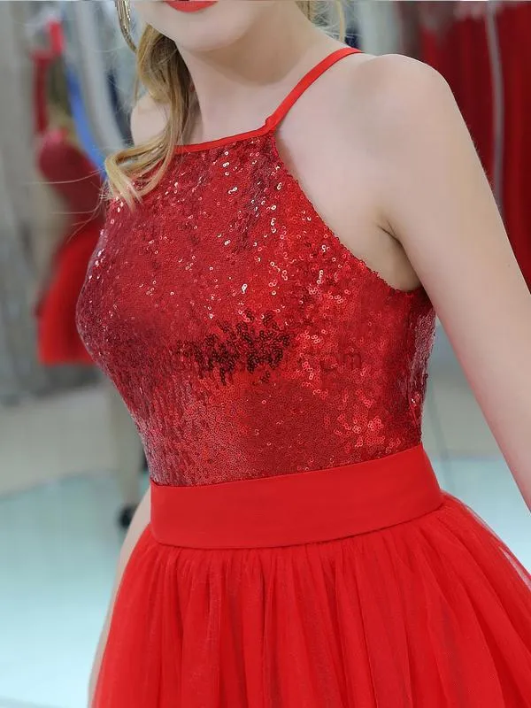 Shining Red Halter Sequin Tulle A Line Short Homecoming Dresses XDM1159