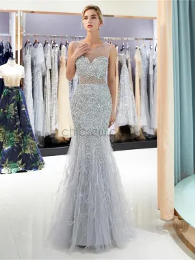 Shining Round Neck Sleeveless Beaded Mermaid Long Evening Prom Dresses, XDM1149