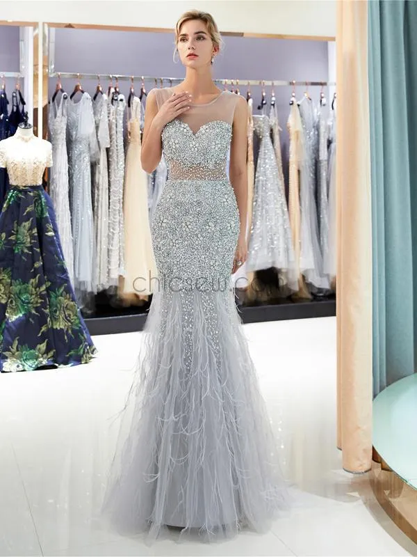 Shining Round Neck Sleeveless Beaded Mermaid Long Evening Prom Dresses, XDM1149
