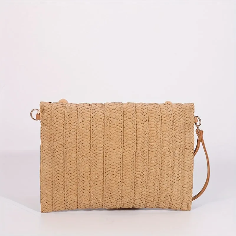 Stylish Rattan Envelope Clutch Bag - Buckle Closure, Polyester Lining, Plastic Material, Perfect for Summer Beach Travel and Vacation - Womens Wrist Bag for Everyday Use