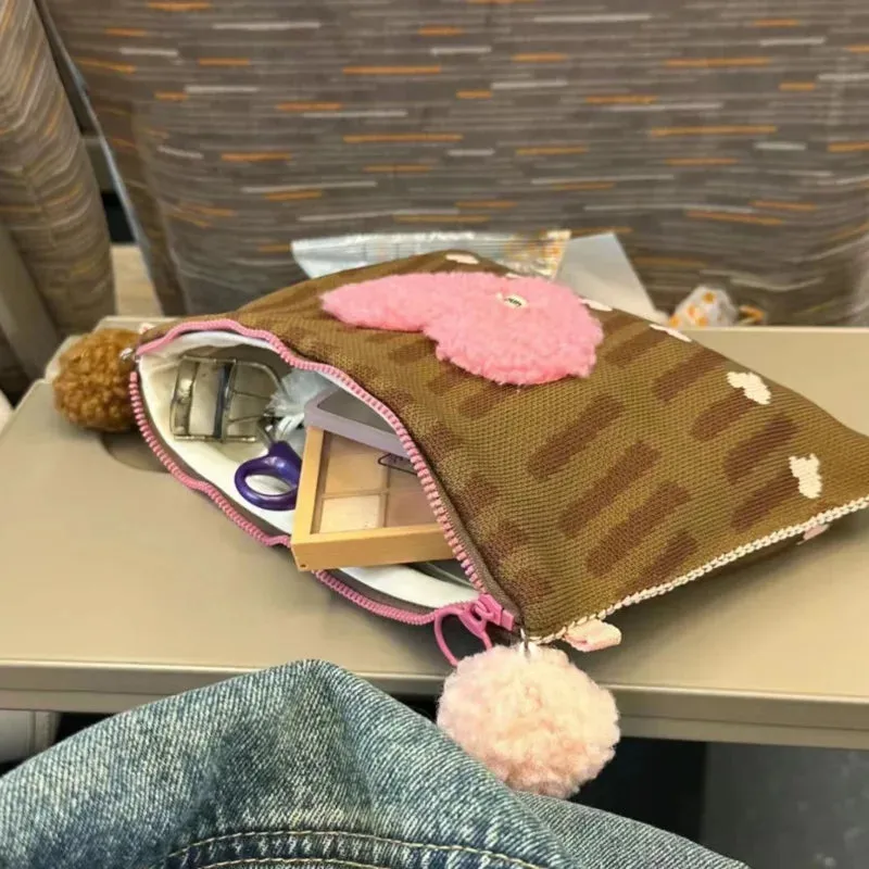 TAVIMART  -  Plush Heart Kawaii Square Makeup Bag Zipper Large Capacity Chic Storage Bag Korean Casual Travel Cosmetic Bag Women's Clutch Bag