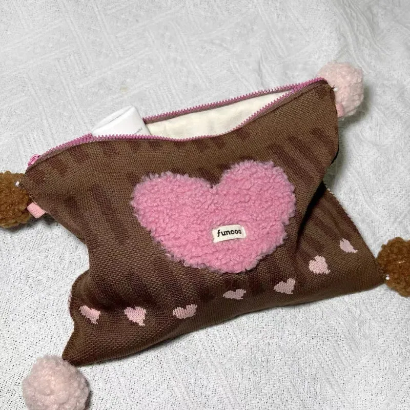 TAVIMART  -  Plush Heart Kawaii Square Makeup Bag Zipper Large Capacity Chic Storage Bag Korean Casual Travel Cosmetic Bag Women's Clutch Bag