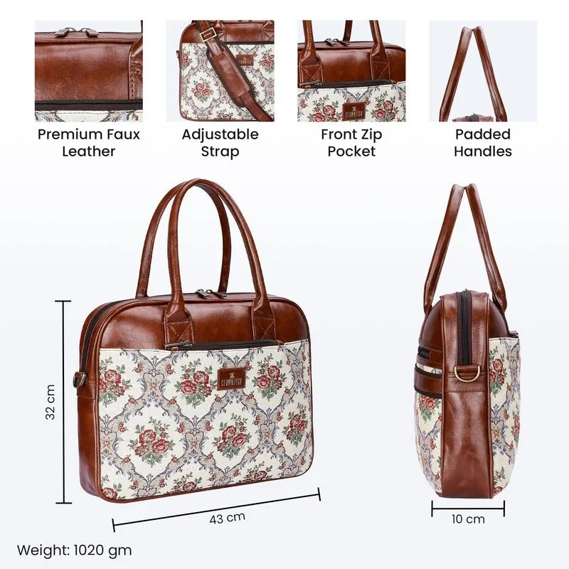 THE CLOWNFISH Deborah series 15.6 inch Laptop Bag For Women Tapestry Fabric & Faux Leather Office Bag Briefcase Messenger Sling Handbag Business Bag (Magenta-Floral)