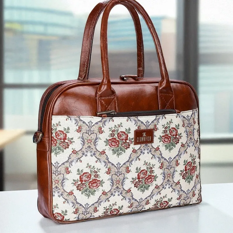 THE CLOWNFISH Deborah series 15.6 inch Laptop Bag For Women Tapestry Fabric & Faux Leather Office Bag Briefcase Messenger Sling Handbag Business Bag (Magenta-Floral)