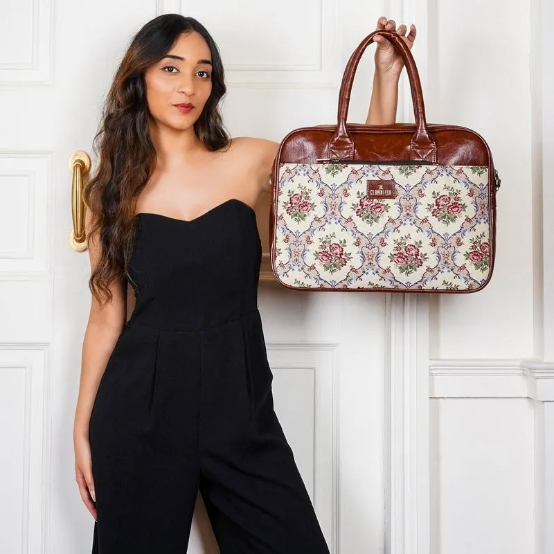 THE CLOWNFISH Deborah series 15.6 inch Laptop Bag For Women Tapestry Fabric & Faux Leather Office Bag Briefcase Messenger Sling Handbag Business Bag (Magenta-Floral)