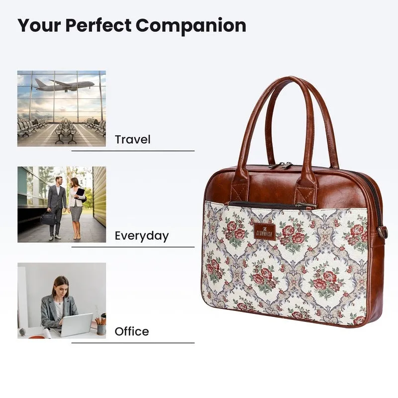 THE CLOWNFISH Deborah series 15.6 inch Laptop Bag For Women Tapestry Fabric & Faux Leather Office Bag Briefcase Messenger Sling Handbag Business Bag (Magenta-Floral)