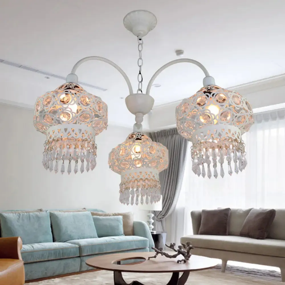 Turkish Beaded Lantern Chandelier - 3 Head, White/Red Acrylic, Hollowed-out Ceiling Light for Dining Room