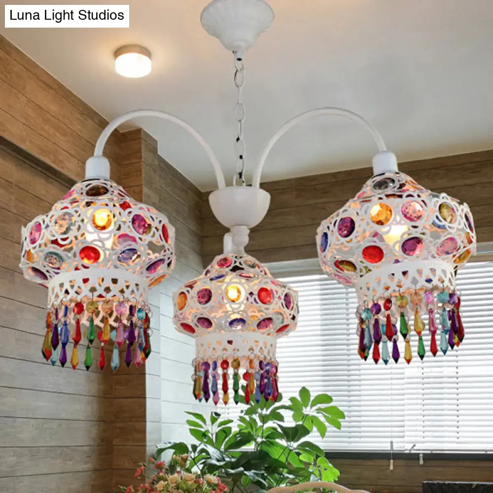 Turkish Beaded Lantern Chandelier - 3 Head, White/Red Acrylic, Hollowed-out Ceiling Light for Dining Room