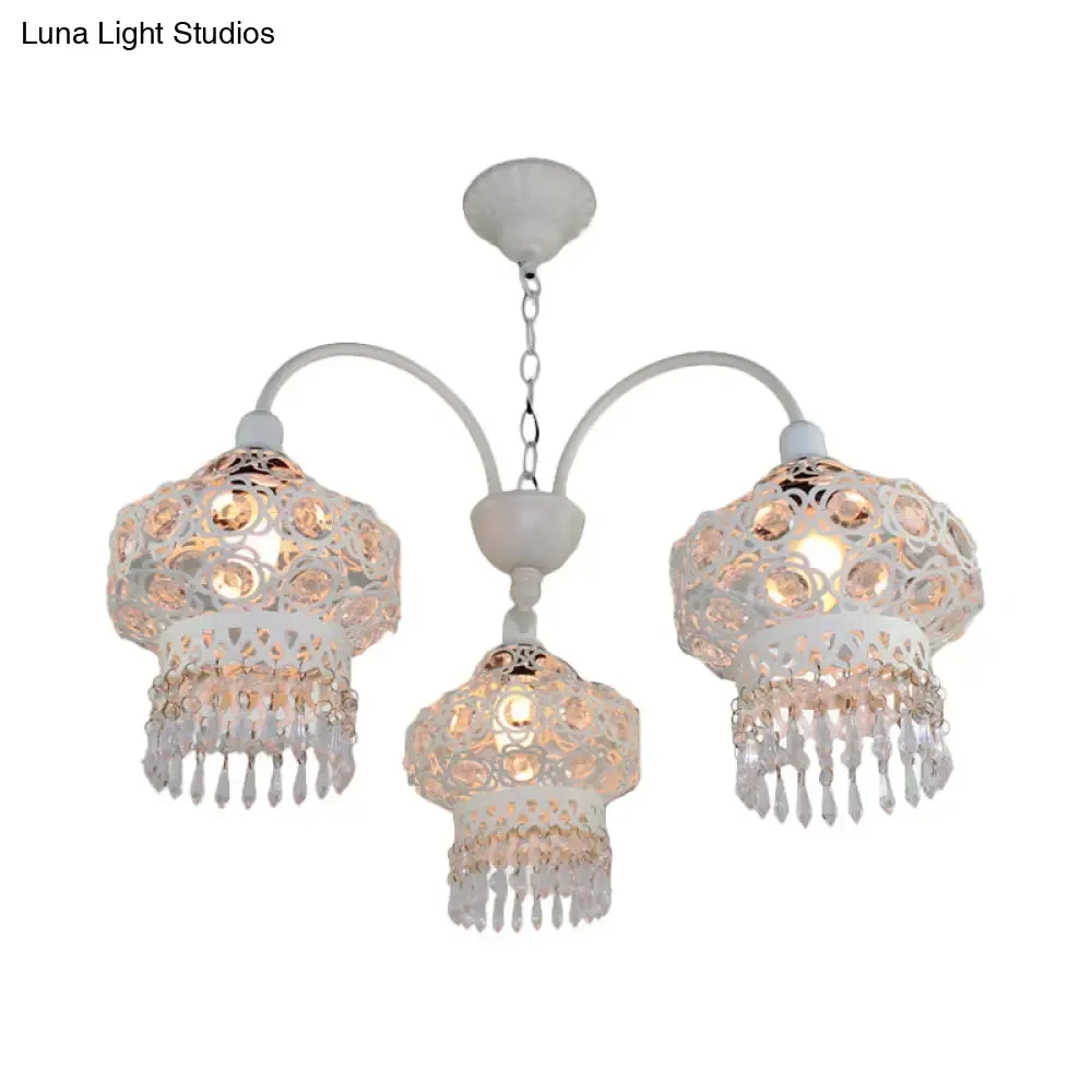 Turkish Beaded Lantern Chandelier - 3 Head, White/Red Acrylic, Hollowed-out Ceiling Light for Dining Room