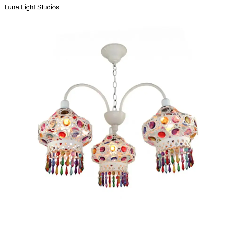 Turkish Beaded Lantern Chandelier - 3 Head, White/Red Acrylic, Hollowed-out Ceiling Light for Dining Room