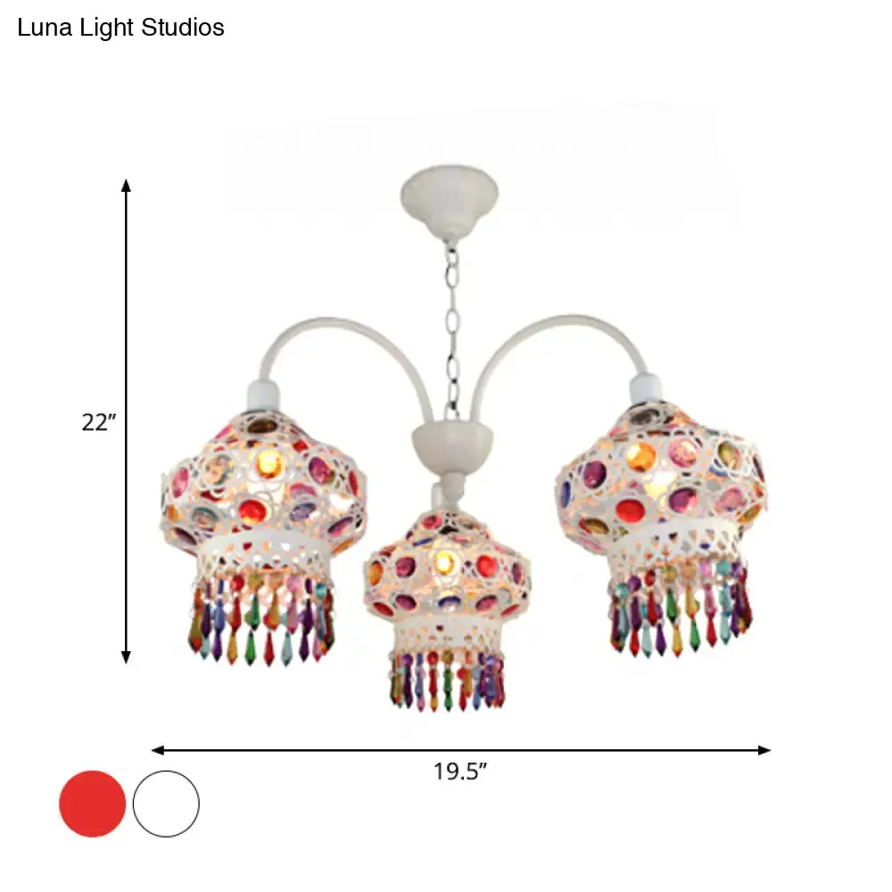 Turkish Beaded Lantern Chandelier - 3 Head, White/Red Acrylic, Hollowed-out Ceiling Light for Dining Room