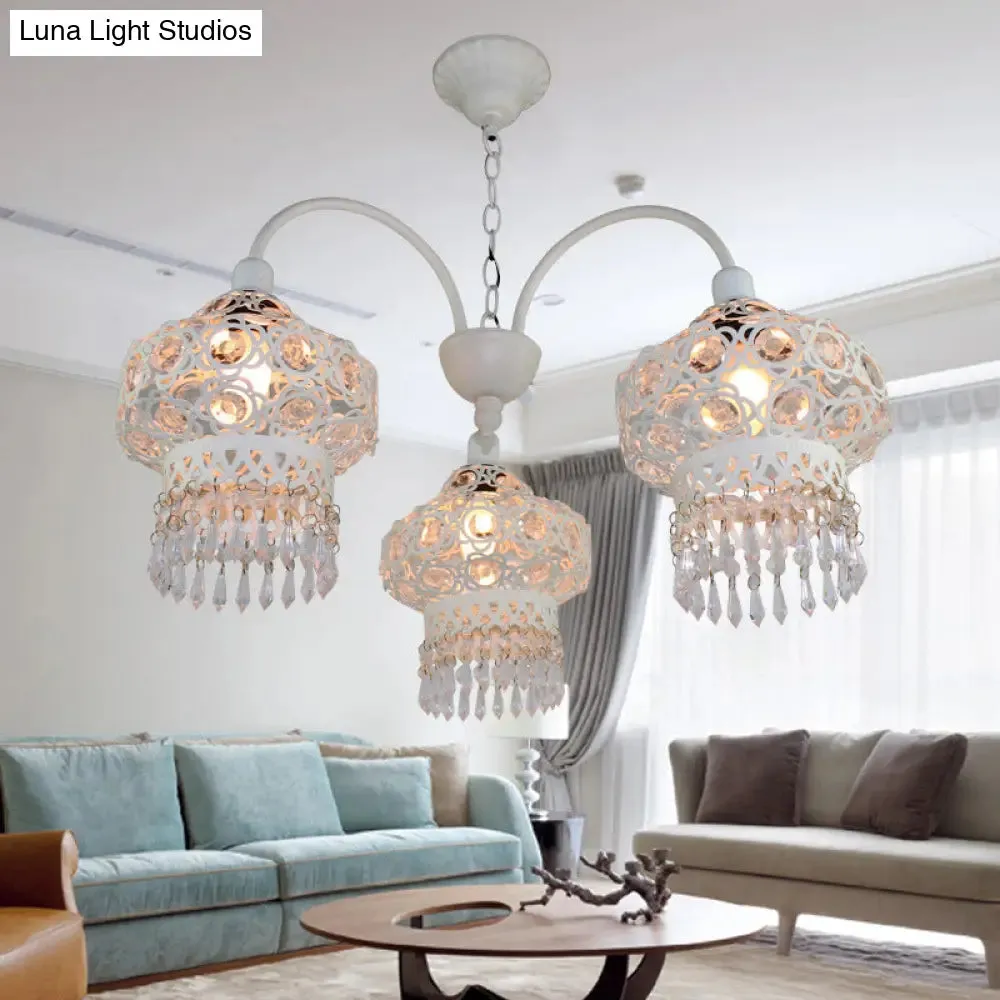 Turkish Beaded Lantern Chandelier - 3 Head, White/Red Acrylic, Hollowed-out Ceiling Light for Dining Room