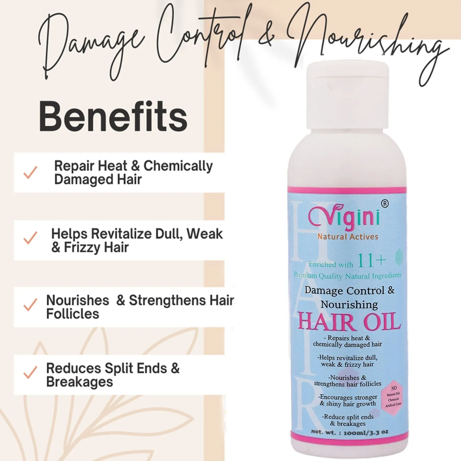 Vigini Natural Damage Control & Nourishing Hair Care Vitalizer Tonic Oil 100 ml for Hair Fall Loss Thinning Rough Dry Itchy Scalp Treatment Provides Silky Shine Frizz Free Hair