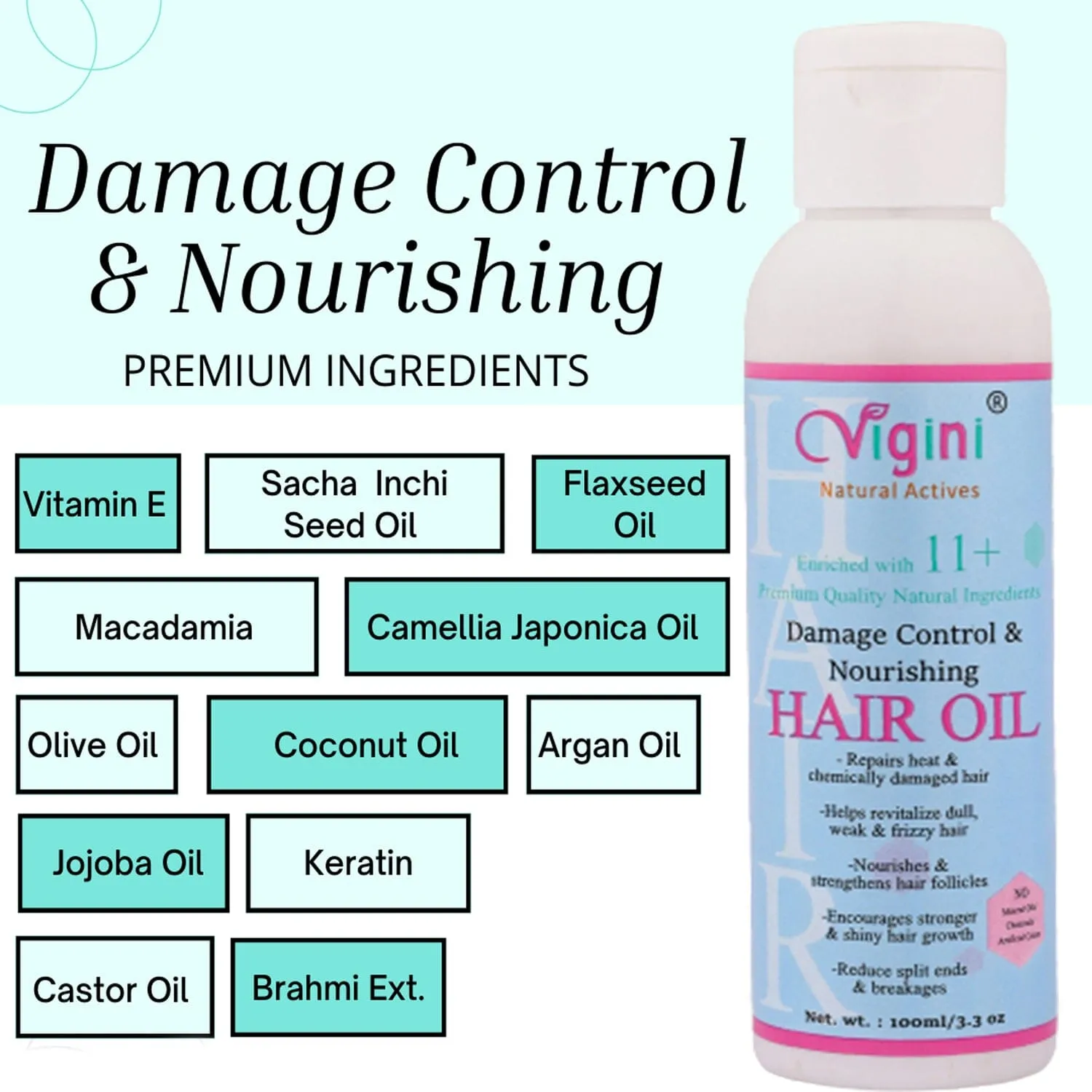 Vigini Natural Damage Control & Nourishing Hair Care Vitalizer Tonic Oil 100 ml for Hair Fall Loss Thinning Rough Dry Itchy Scalp Treatment Provides Silky Shine Frizz Free Hair