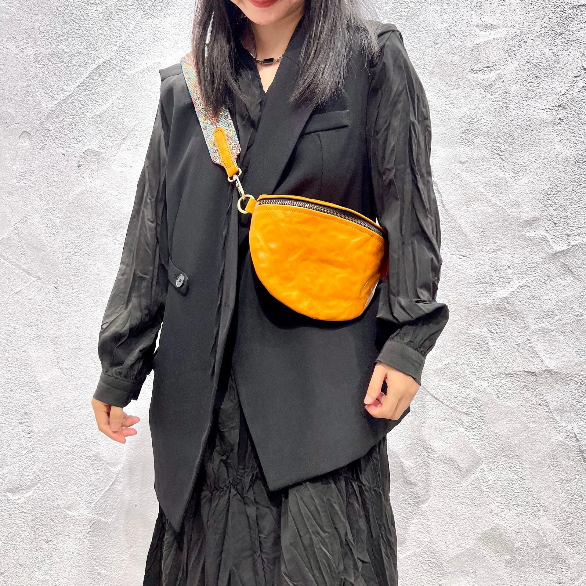 Womens Modern Black Leather Sling Bag Convenient Chest Bag for Women